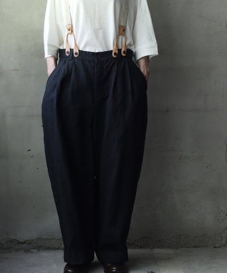 cavane キャヴァネ / Over-Tuck pants with suspender反応染め(硫化)+墨染めパンツ / ca-26078