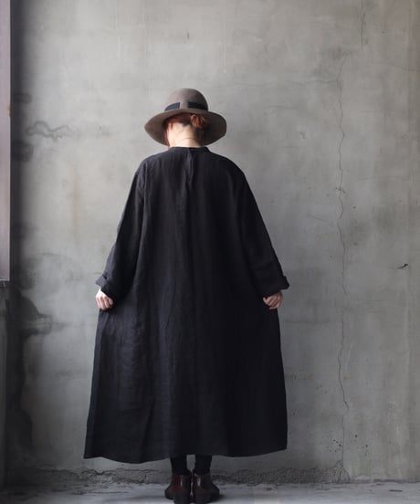 klauseクロイゼ / 天日干しTwill Linen Band Collar Shirt Long Dress/ kla-26002