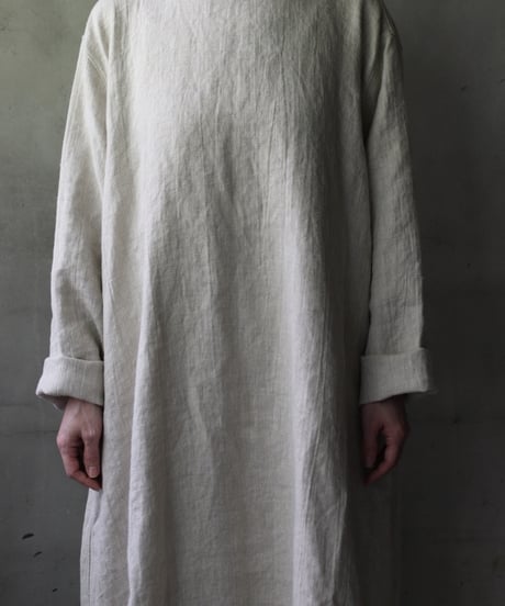 klauseクロイゼ / Band collar Shirt Long Belarus Linen(綾織/中厚手)ワンピース/ kla-25008