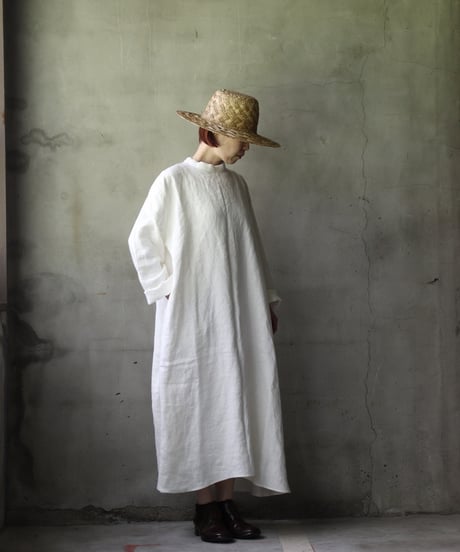 klauseクロイゼ / Band collar Shirt Long Belarus Linen(綾織/中厚手)ワンピース/ kla-25007