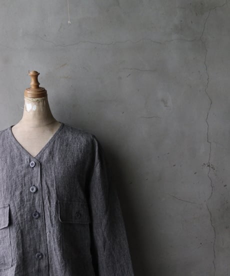 NOUSANノウザン/ Collarless Shirt linen dungaree 杢BK / No-26005