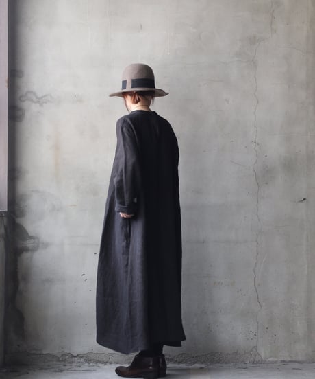klauseクロイゼ / 天日干しTwill Linen Band Collar Shirt Long Dress/ kla-26002