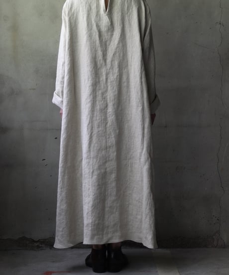 klauseクロイゼ / Belarus Linen Band Collar Shirt Long Dress/ kla-25034