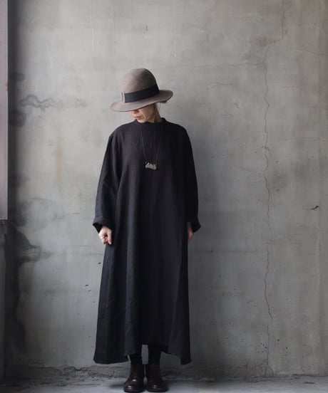 klauseクロイゼ / 天日干しTwill Linen Band Collar Shirt Long Dress/ kla-26002
