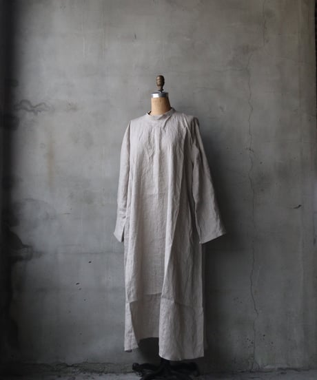 klauseクロイゼ / Belarus Linen Band Collar Shirt Long Dress/ kla-26001