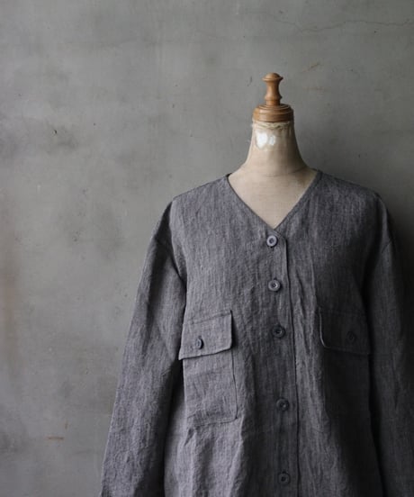 NOUSANノウザン/ Collarless Shirt linen dungaree 杢BK / No-26005