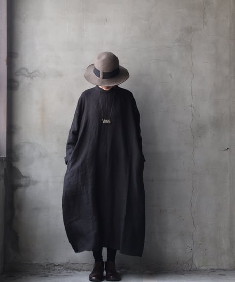 klauseクロイゼ / 天日干しTwill Linen Band Collar Shirt Long Dress/ kla-26002