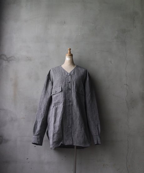 NOUSANノウザン/ Collarless Shirt linen dungaree 杢BK / No-26005