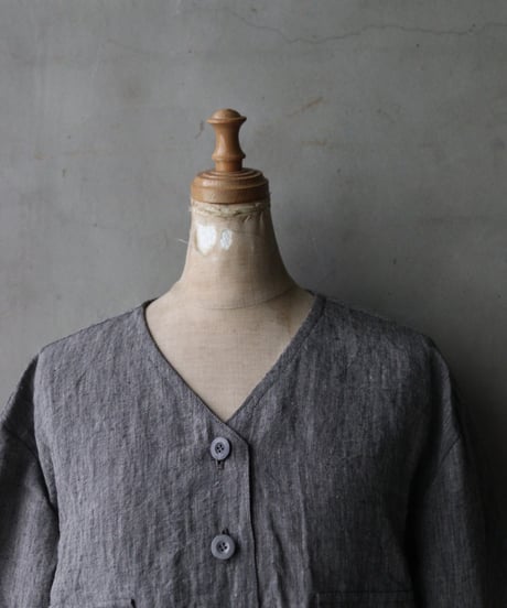 NOUSANノウザン/ Collarless Shirt linen dungaree 杢BK / No-26005
