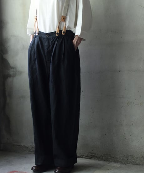 cavane キャヴァネ / Over-Tuck pants with suspender反応染め(硫化)+墨染めパンツ / ca-26078