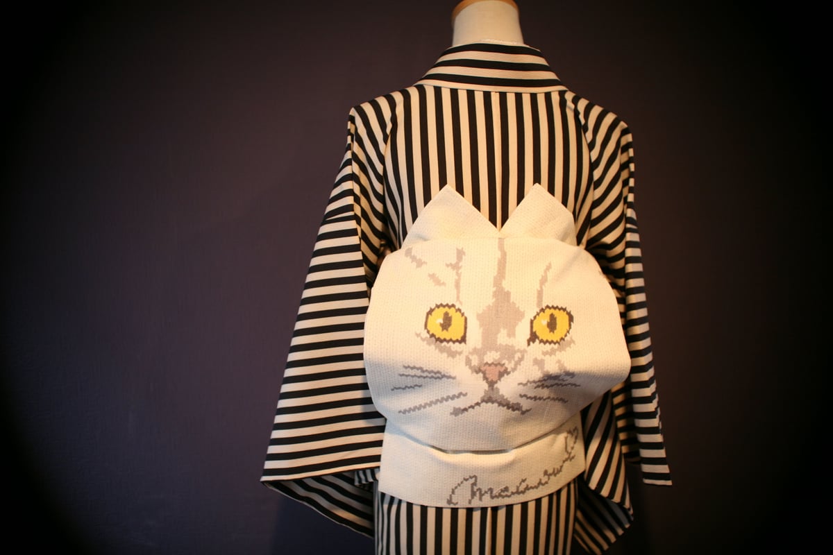 ハロウィン　ガイコツ　子猫　名古屋帯 ハロウィン ガイコツ 子猫 名古屋帯 I love cat名古屋帯 白猫