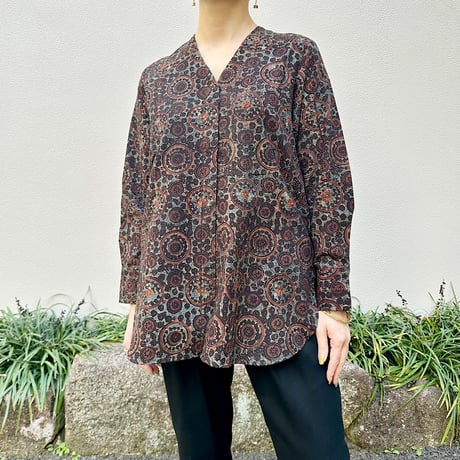 Hand Block Printed V neck Fly Shirt