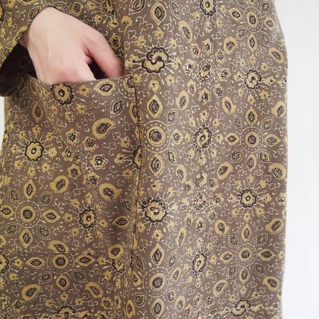 Hand Block Printed Asymmetry Pocket Dress  (Gray Ajrakh)