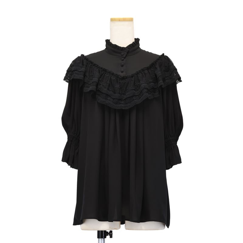 Sheglit Edelweiss シフォンブラウス Black フリル レース Edelweiss