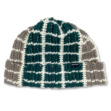Plaid Knitting Beanie (Alpine Green x Moca x White)