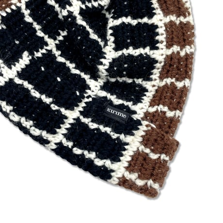 Plaid Knitting Beanie (Black x Dark Brown x White)