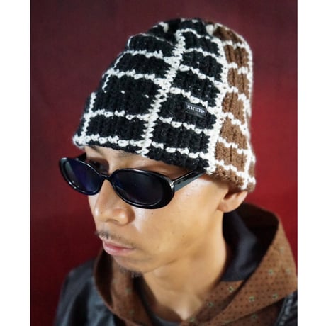 Plaid Knitting Beanie (Black x Dark Brown x White)