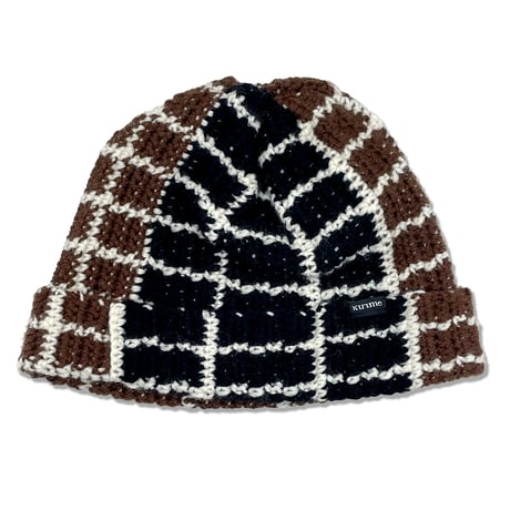 Plaid Knitting Beanie (Black x Dark Brown x White)