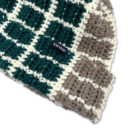 Plaid Knitting Beanie (Alpine Green x Moca x White)