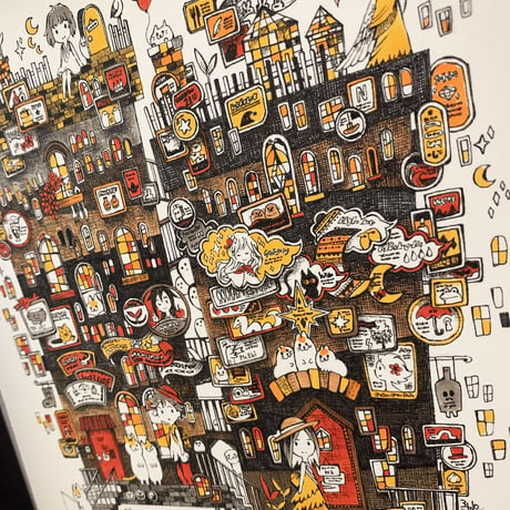 原画  "Building / 休日の看板街"