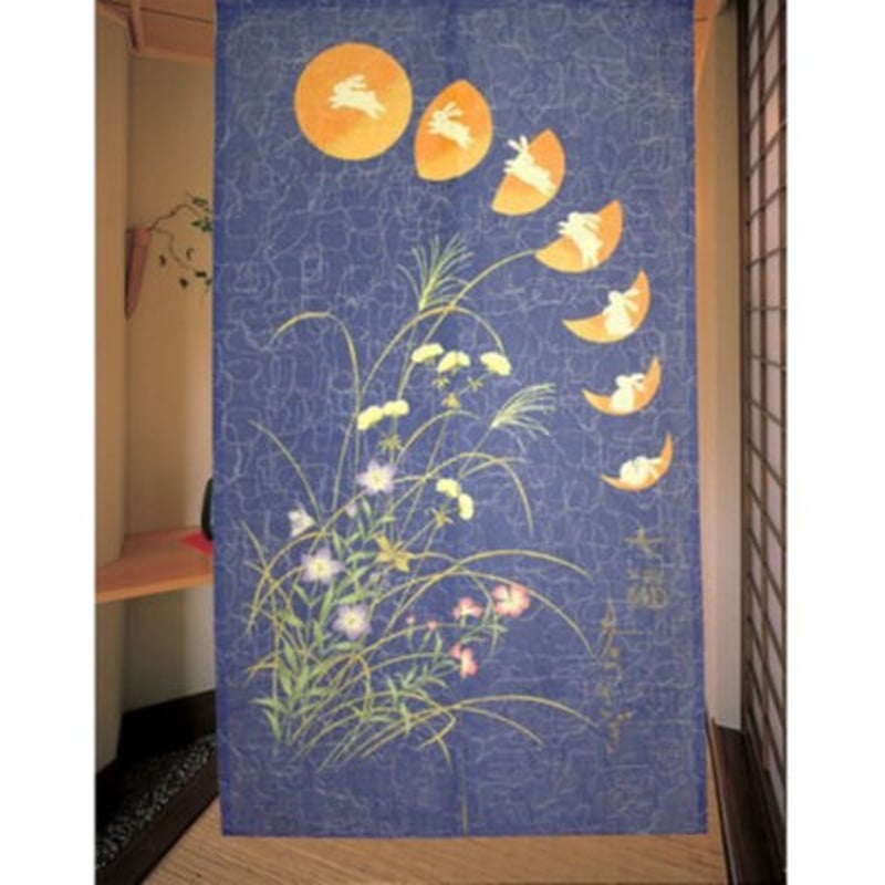 和風】のれん 月うさぎ ブルー 85x150cm | ケーエムエムネットショップ