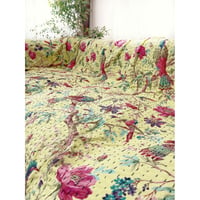 Bed Cover Lemon-Yellow　Bird＆Floral　 カンタ刺繍　ラリーキルト　刺し子刺繍