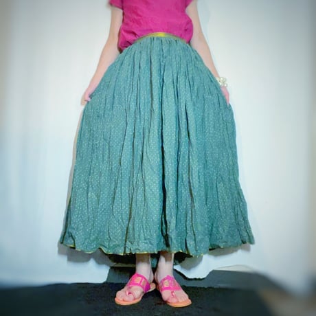 Green- Gold-Dot/Long Skirt/Crinkled Indian cotton