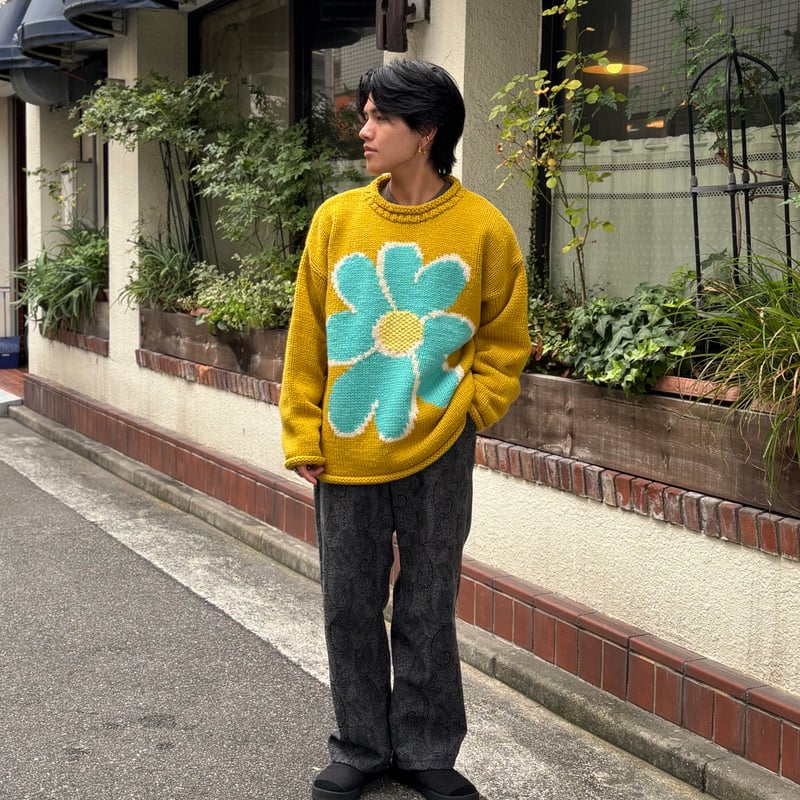 ペーズリーパディッド中綿パンツ　L 綿麻混バックルベルト付テーパードパンツ/Green Parks（グリーン