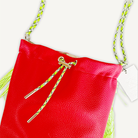 “受注制作” Fringe Kinchaku "Red×Fluorescent Green"