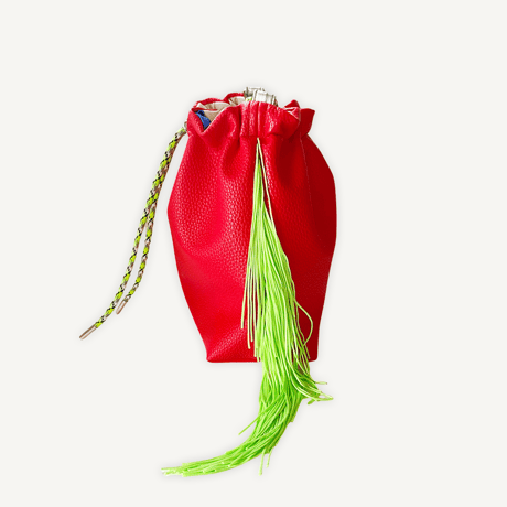 “受注制作” Fringe Kinchaku "Red×Fluorescent Green"