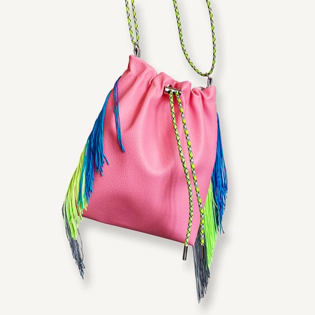 “受注制作”Fringe Kinchaku "Pink×Mix:Fluorescent Green"