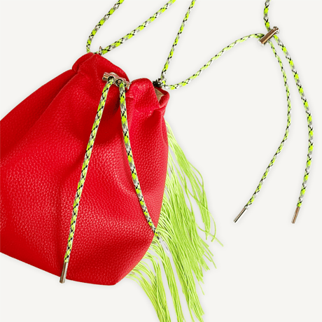 “受注制作” Fringe Kinchaku "Red×Fluorescent Green"