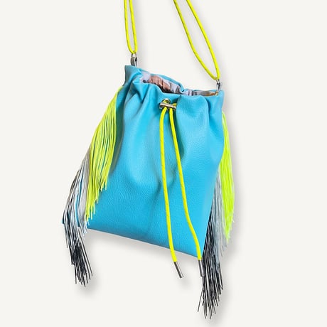 Fringe Kinchaku "Turquoise×Mix:Fluorescent Yellow"