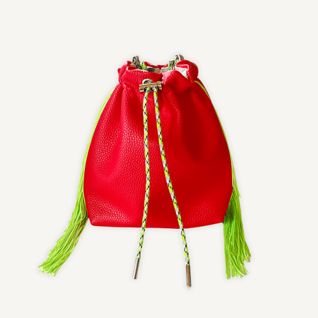 “受注制作” Fringe Kinchaku "Red×Fluorescent Green"