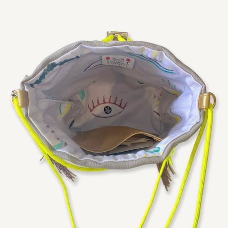 Fringe Kinchaku "Chacoal Gray×Mix:Fluorescent Yellow"
