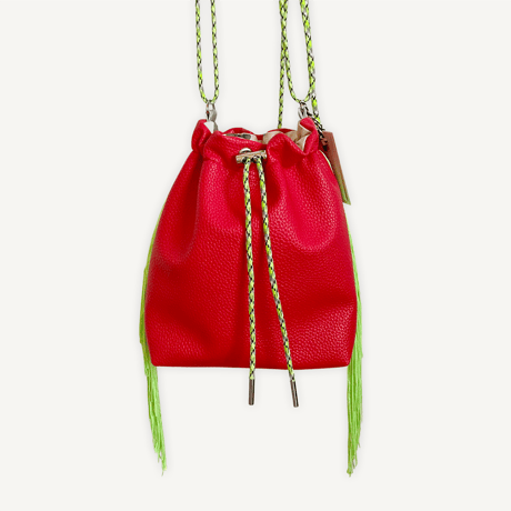 “受注制作” Fringe Kinchaku "Red×Fluorescent Green"