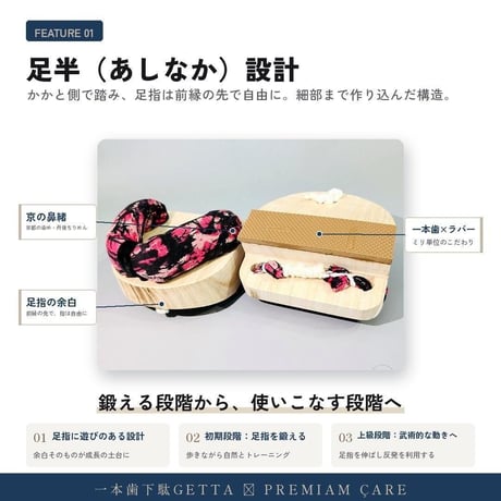 一本歯下駄GETTA プレミアムケア 足半下駄｜室内専用・最上位モデル｜京の鼻緒4種×4サイズ