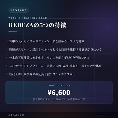 2枚歯下駄REDEZA（リデザ）｜ウエイトトレーニング用｜腱主導のパワーポジションを、履いて習得する