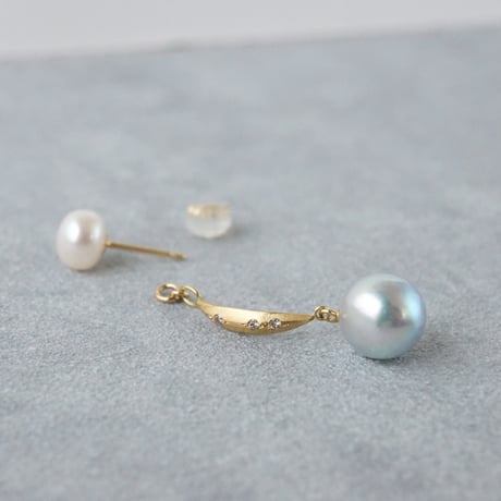 Akoya x Freshwater Pearl Earring/Crescent/Diamond  ＊Single