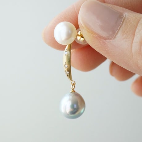 Akoya x Freshwater Pearl Earring/Crescent/Diamond  ＊Single