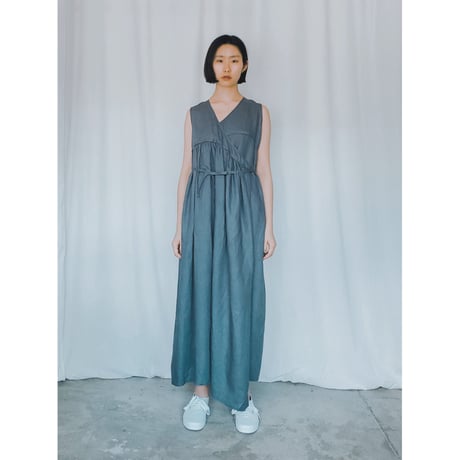 Kubuni924-4　ノンスリーブカシュクールワンピースグレー