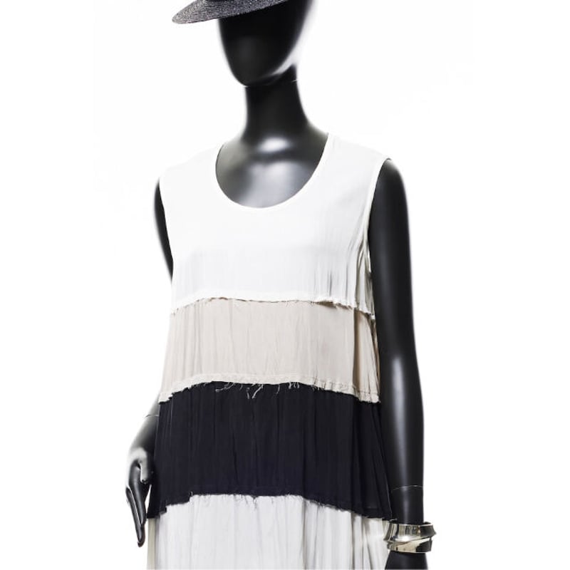 221O010 三配色ティアードドレス A.ホワイト×アイスグレー×ブラック | Cil 