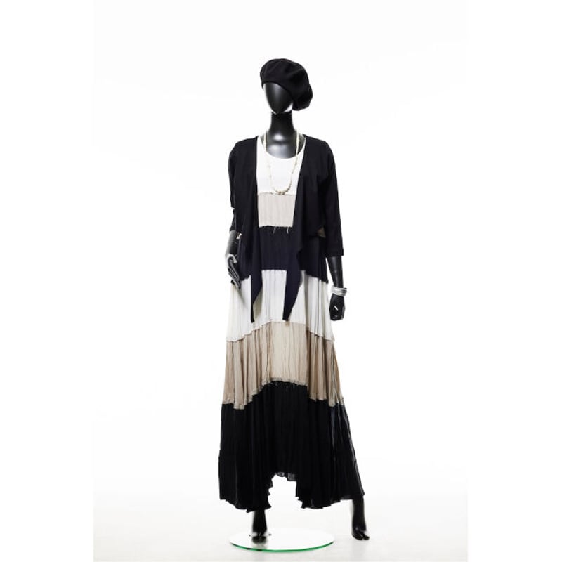 221O010 三配色ティアードドレス A.ホワイト×アイスグレー×ブラック | Cil 