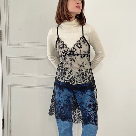 Flower Paisley Long Camisole｜Black