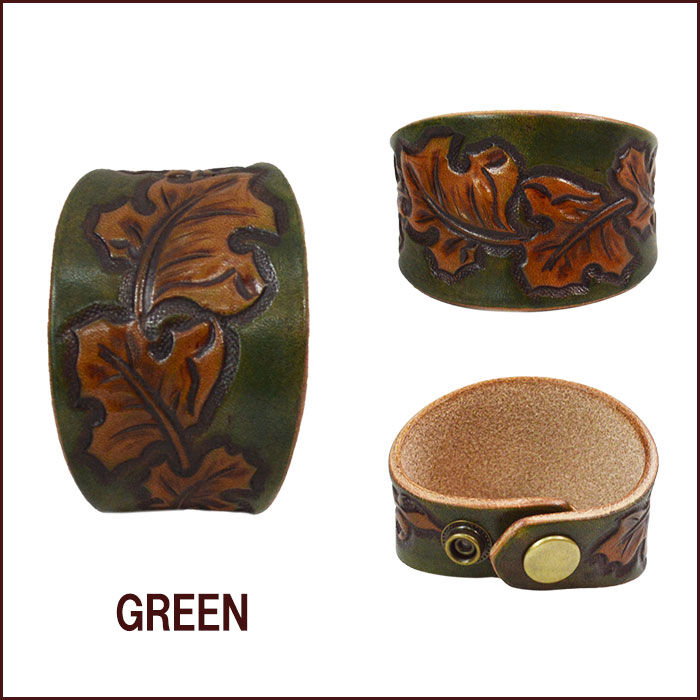 革 リストバンド 牛革 本革 カービング リーフ柄B メンズ