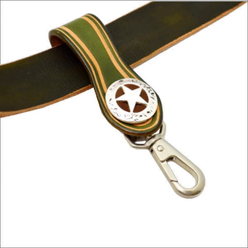 レザーキーホルダー グリーン 星コンチョ ベルトループ メンズ 日本製