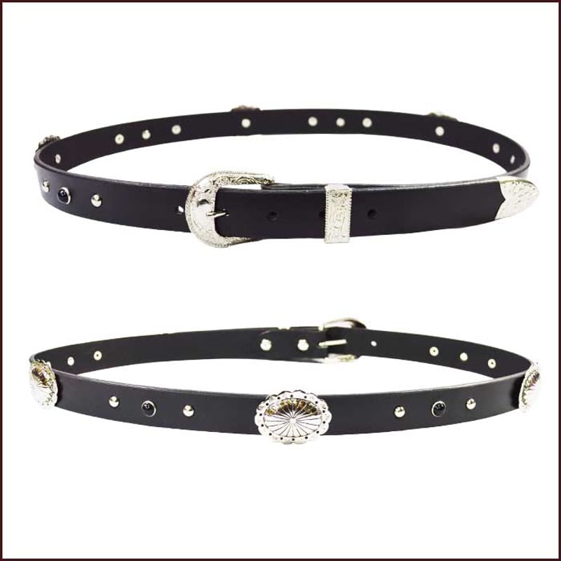 ウエスタンベルト コンチョ付き 黒スタッズ 24mm幅 3点金具 革 牛革 本