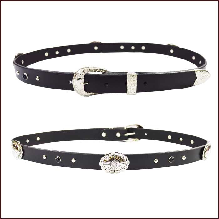 ウエスタンベルト コンチョ付き 黒スタッズ 24mm幅 3点金具 革 牛革 本