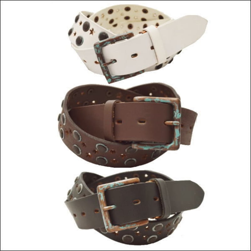 バッファローレザー 真鍮 青錆びメッキスタッズ 星型抜き ベルト