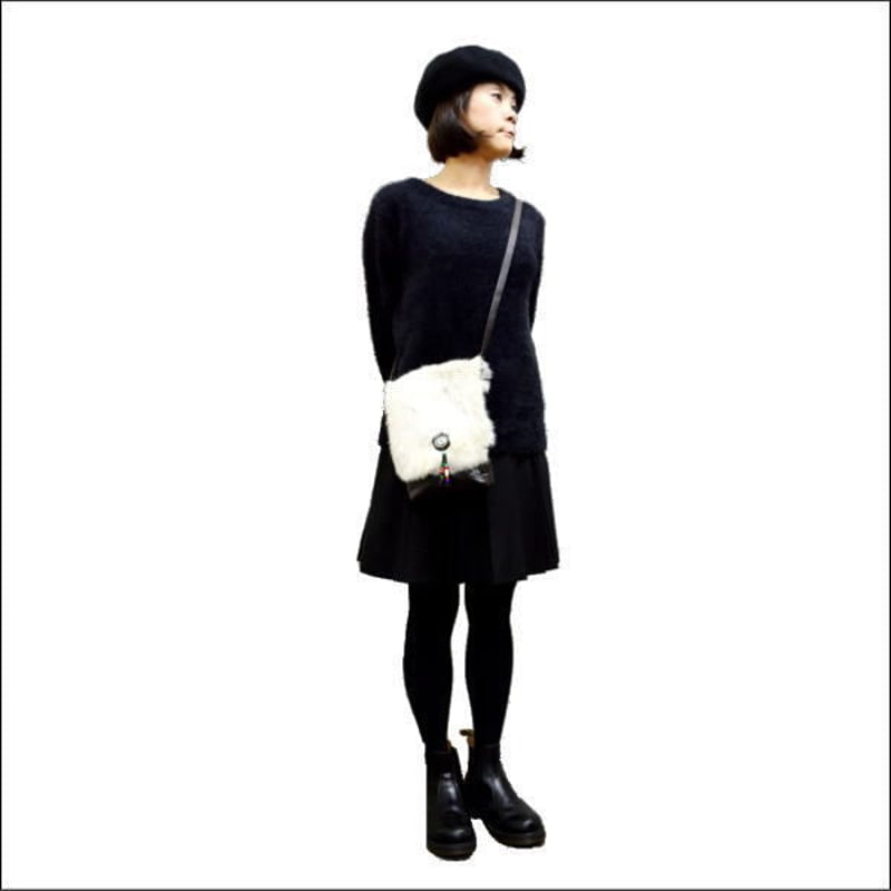 ラビットファー×レザー レザーショルダーバッグ ブラウン/グレー  